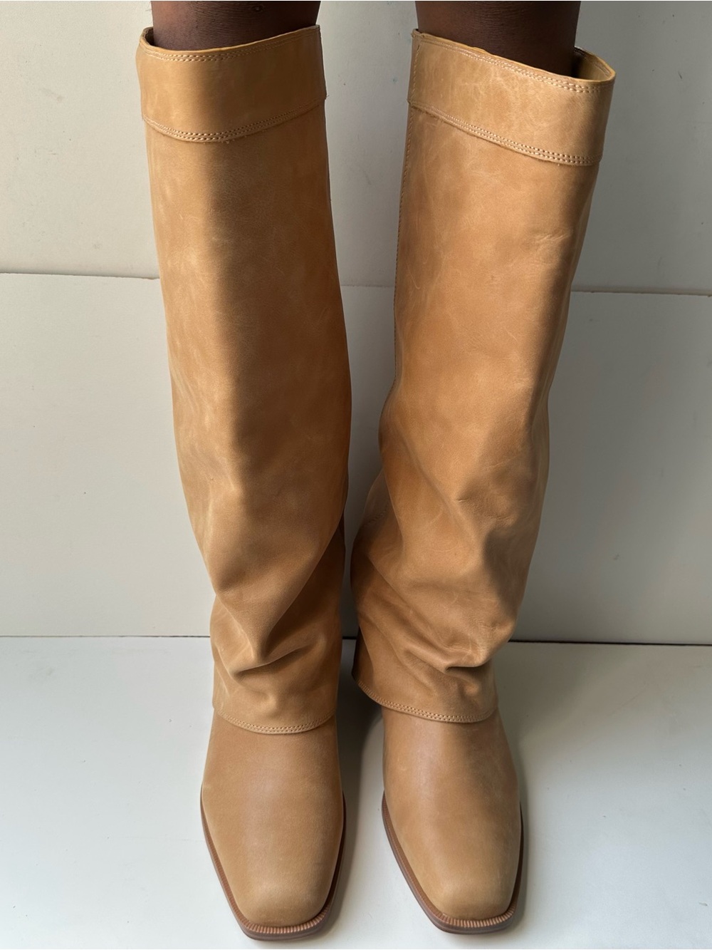 Steve Madden Women's Winnick Foldover Leather Knee High Boots Banana Leather 9.5